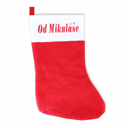 Red Christmas stocking with St. Nicholas printing