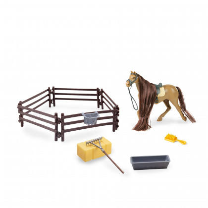 Brown plastic horse with accessories