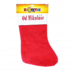 Red Christmas stocking with St. Nicholas printing